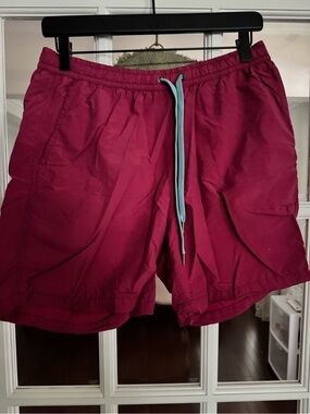 Faherty Magenta Swim Shorts with Aqua Drawstring